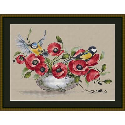 Набор для вышивания крестом Little Stitch 250071 Синички и маки (Аида) Набор для вышивания крестом Little Stitch 250071 Синички и маки (Аида)