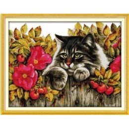 Набір для вишивання хрестиком з друкованою схемою на тканині Joy Sunday D501 Кіт у квітах Набір для вишивання хрестиком з друкованою схемою на тканині Joy Sunday D501 Кіт у квітах